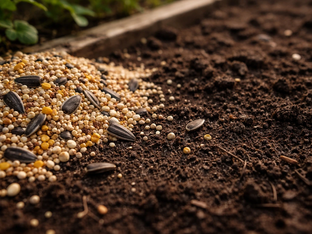 Wild bird seed spilled beside exposed soil in a small garden bed, suggesting whether it will sprout.