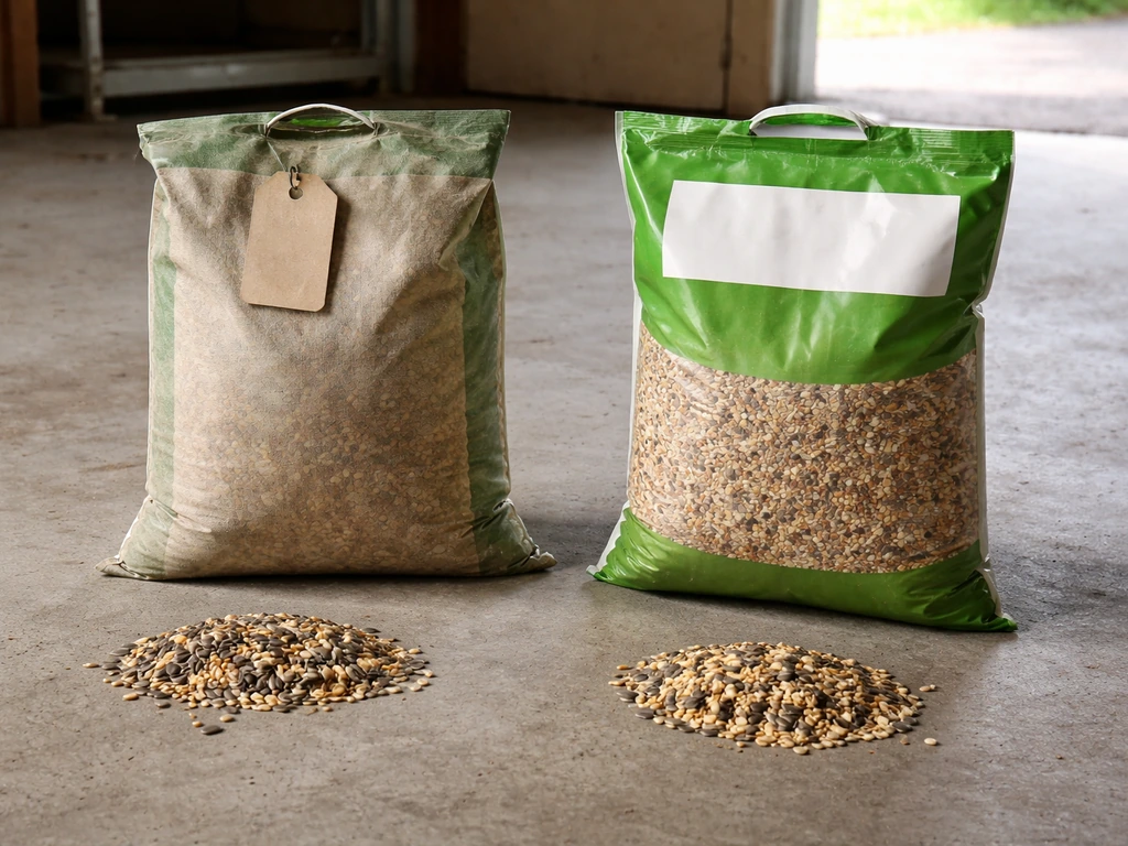 Old and fresh bird seed bags side by side with a few seeds laid out to suggest reduced viability.