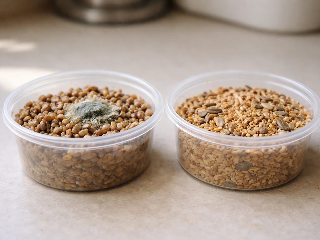 Clumped, slightly moldy bird seed in a container beside clean dry seed, showing off-limits moisture damage