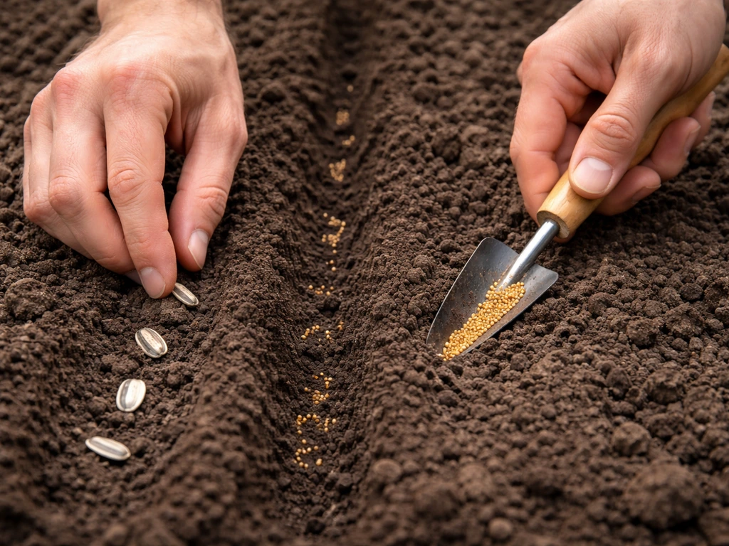 Hands placing sunflower seeds 1 inch deep and pressing millet shallowly in loosened garden soil