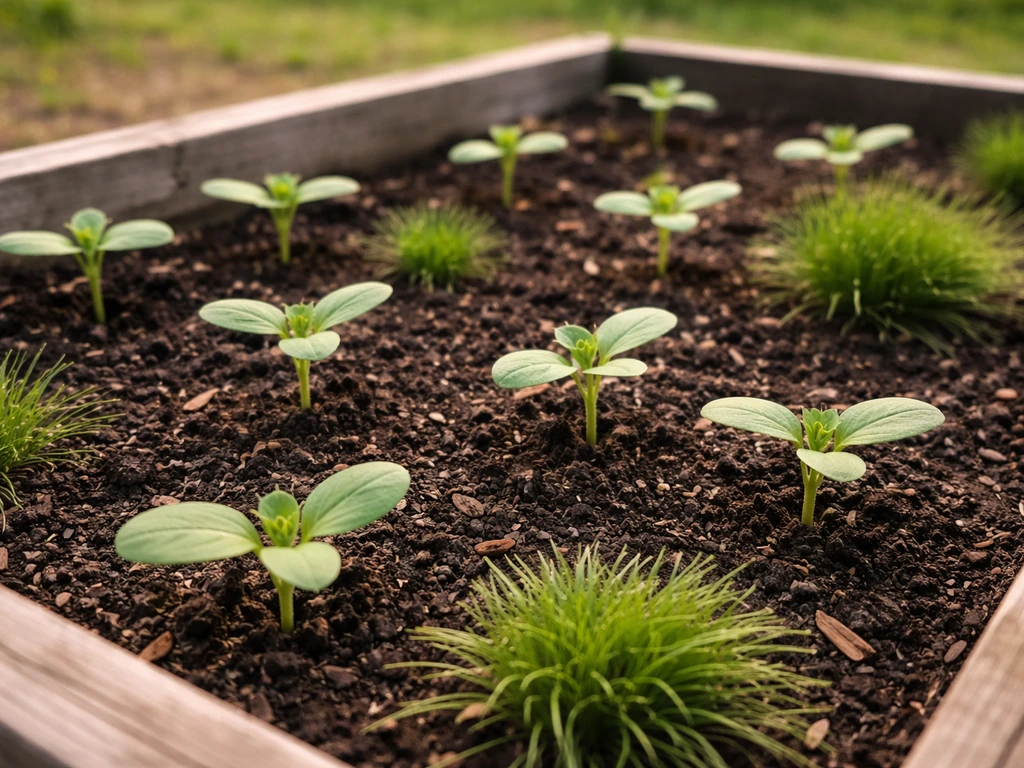 A small garden bed with healthy sunflower seedlings and low millet grass clumps growing together.