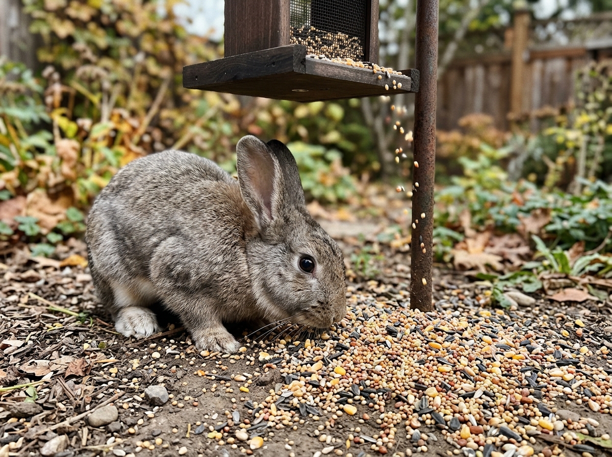 Pet rabbit sniffing spilled bird seed near a backyard feeder