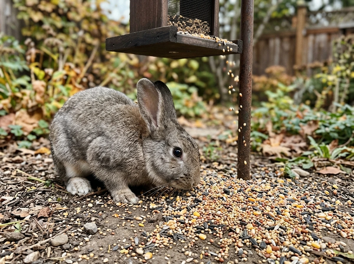 Pet rabbit sniffing spilled bird seed near a backyard feeder