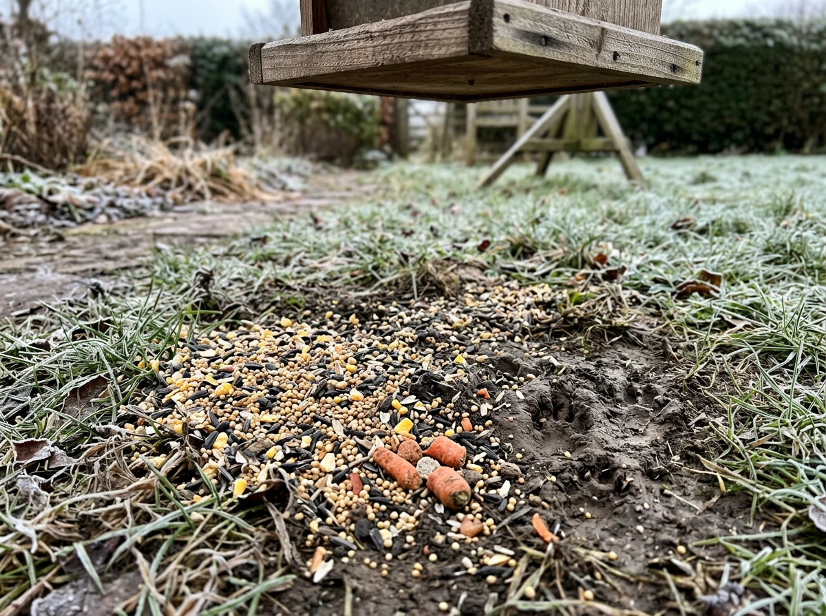 Rabbits foraging for calorie-dense seed on the ground near a feeder