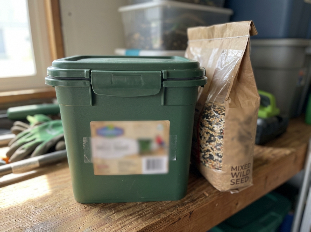 Airtight storage container holding bird seed indoors