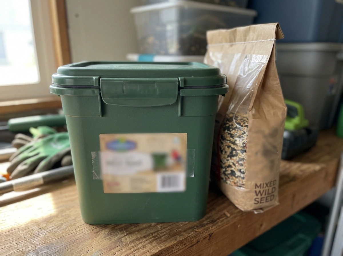 Airtight storage container holding bird seed indoors