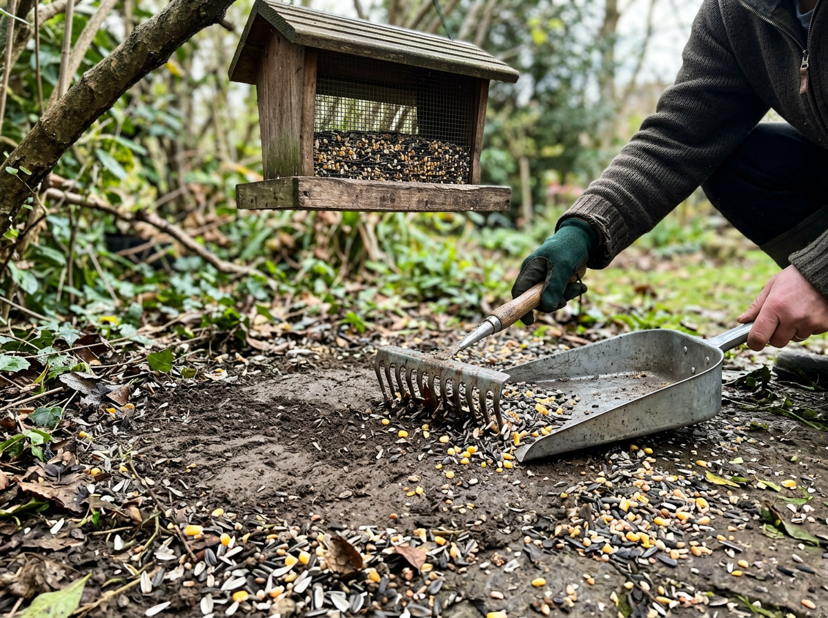 Raking and sweeping seed debris under a feeder for cleanup