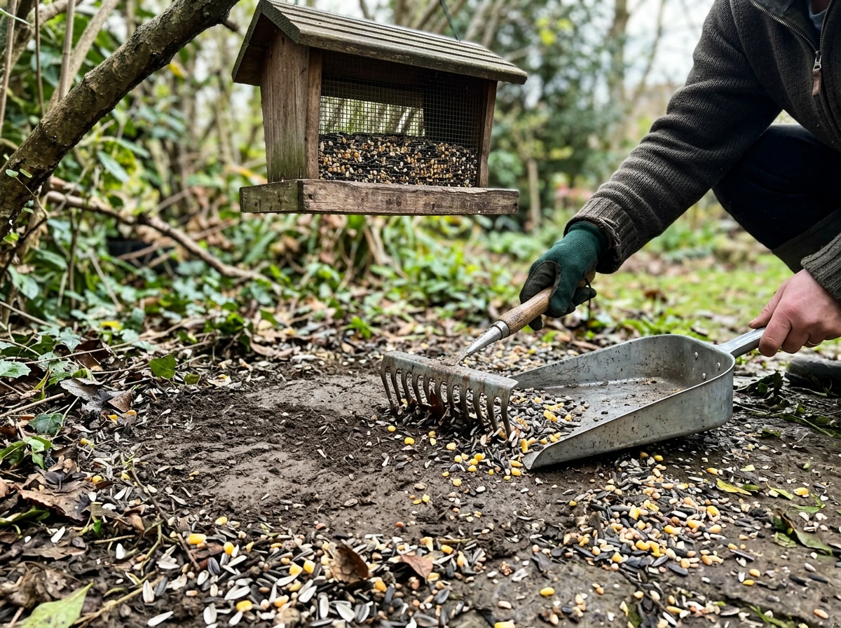 Raking and sweeping seed debris under a feeder for cleanup