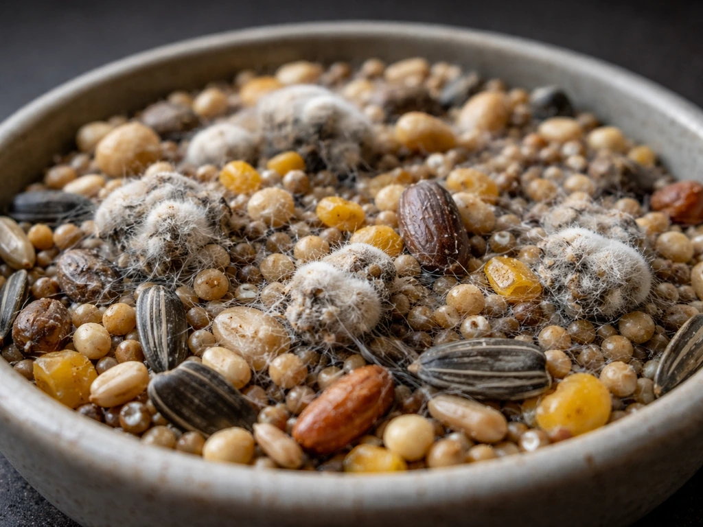 Macro close-up of bird seed with clumps, fuzzy white mold, and faint webbing between seeds.