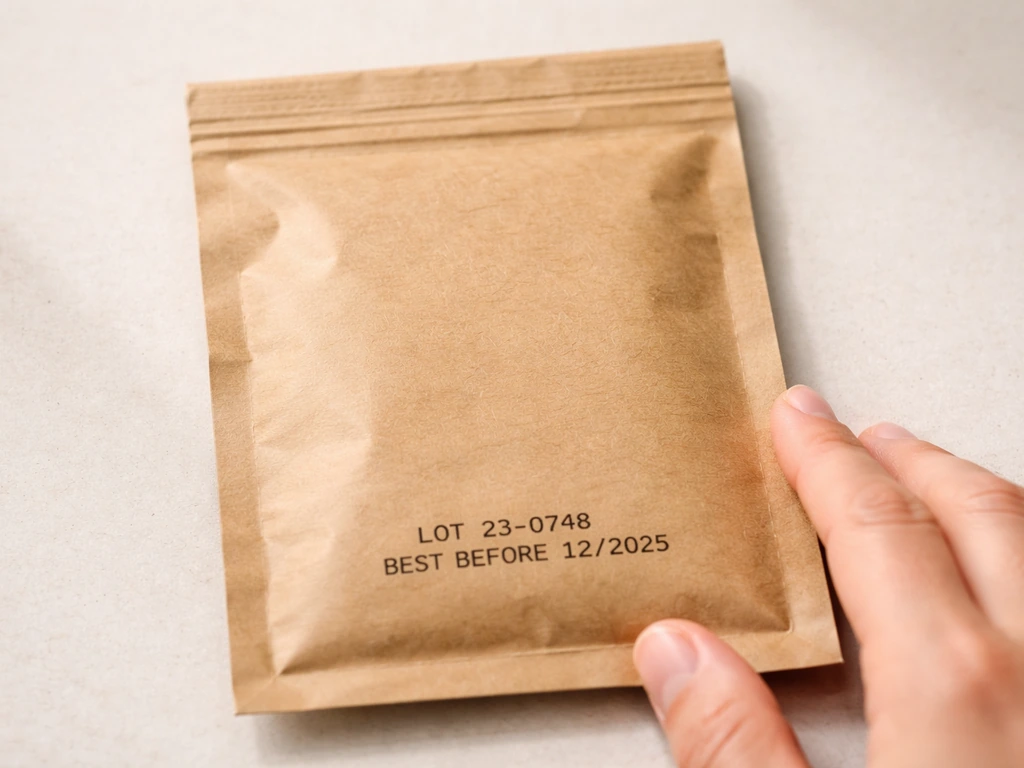 Top-down view of a seed bag with expiry date and lot/batch code near the seam in sharp focus.