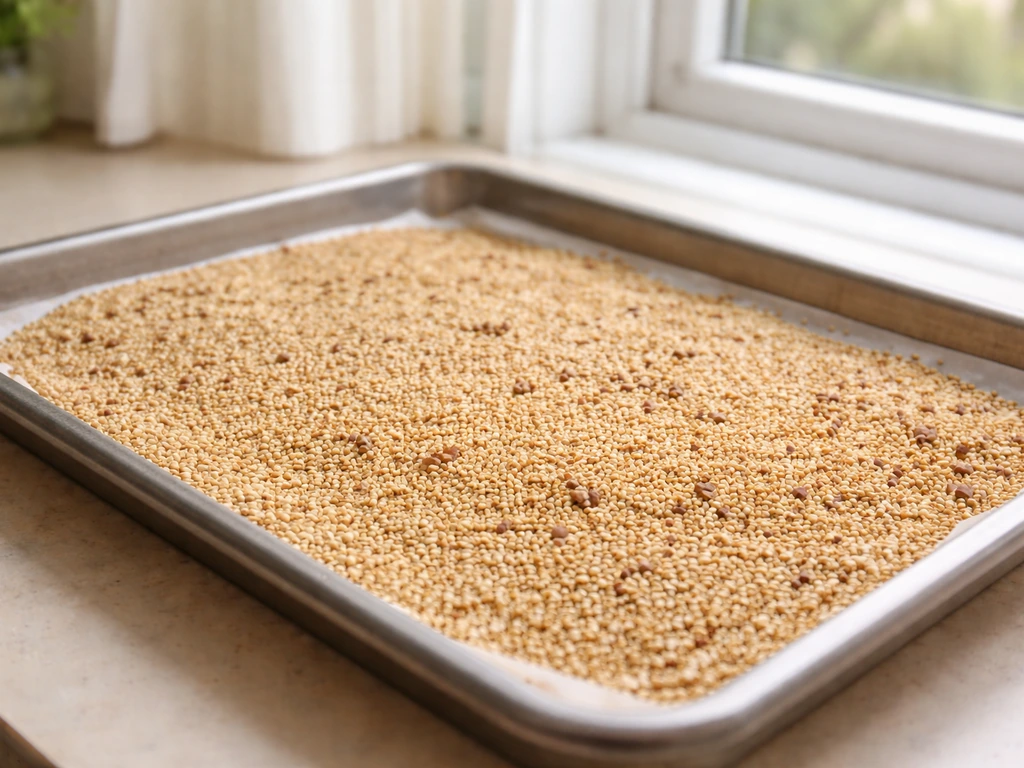 Clean baking tray with seeds spread thin to check which spots are viable vs compromised.