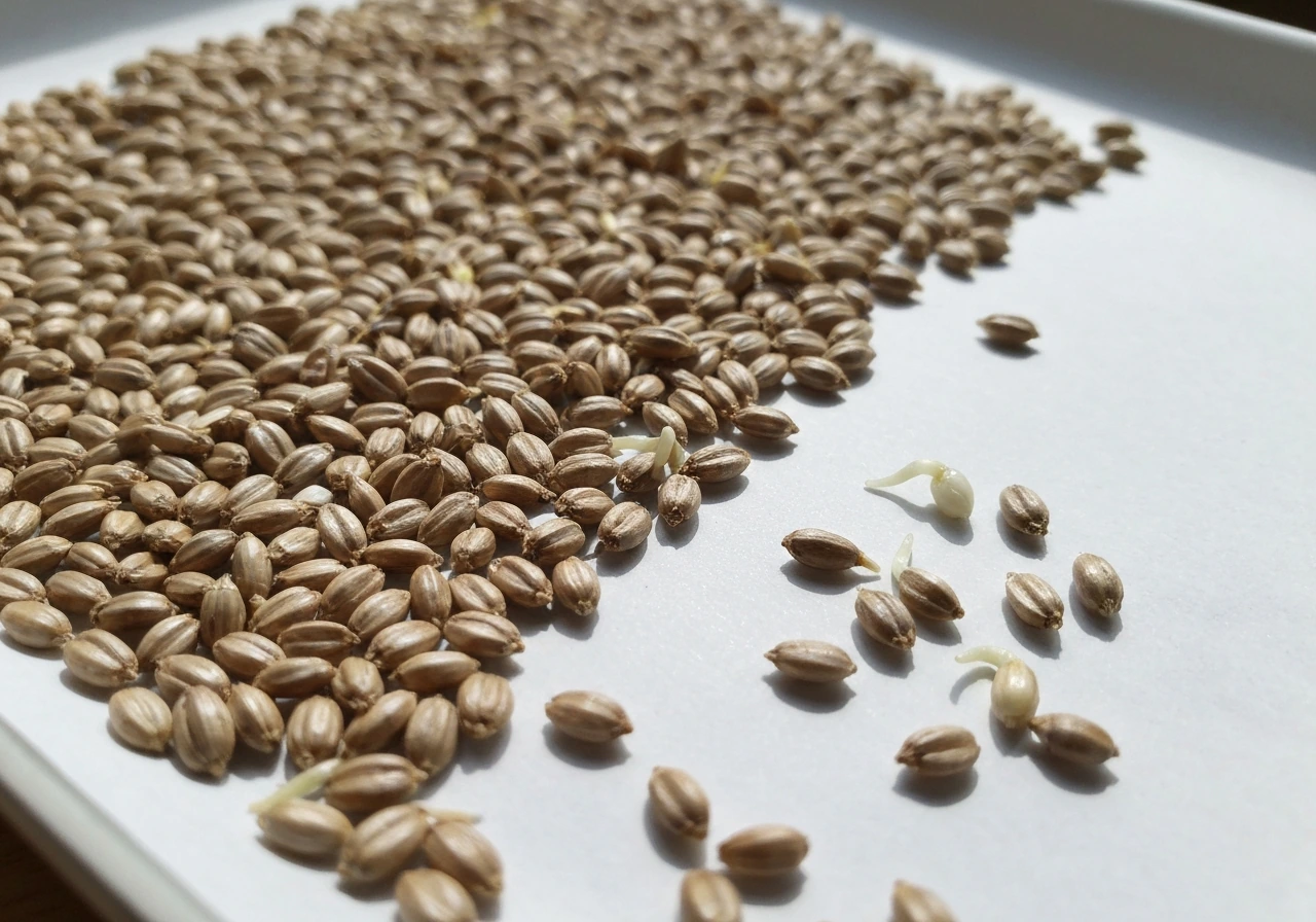 Close-up of safflower bird seed with a few fresh sprouts on a clean drying surface