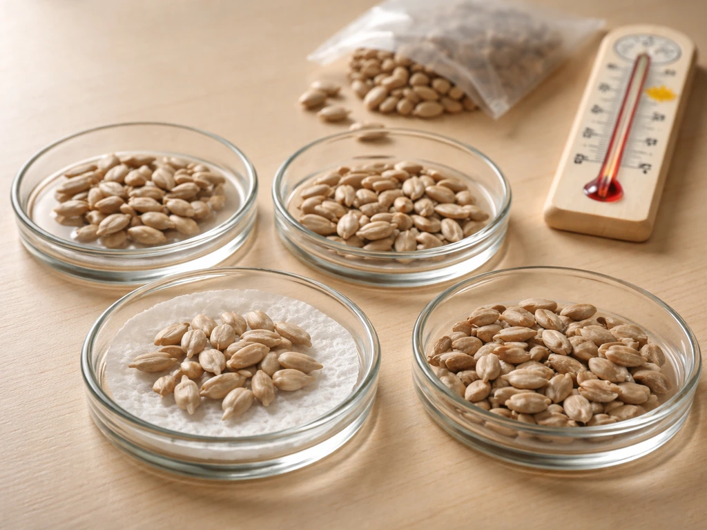 Safflower seeds in four small glass dishes with visible moisture, thermometer nearby, and remaining seeds dry and aged.