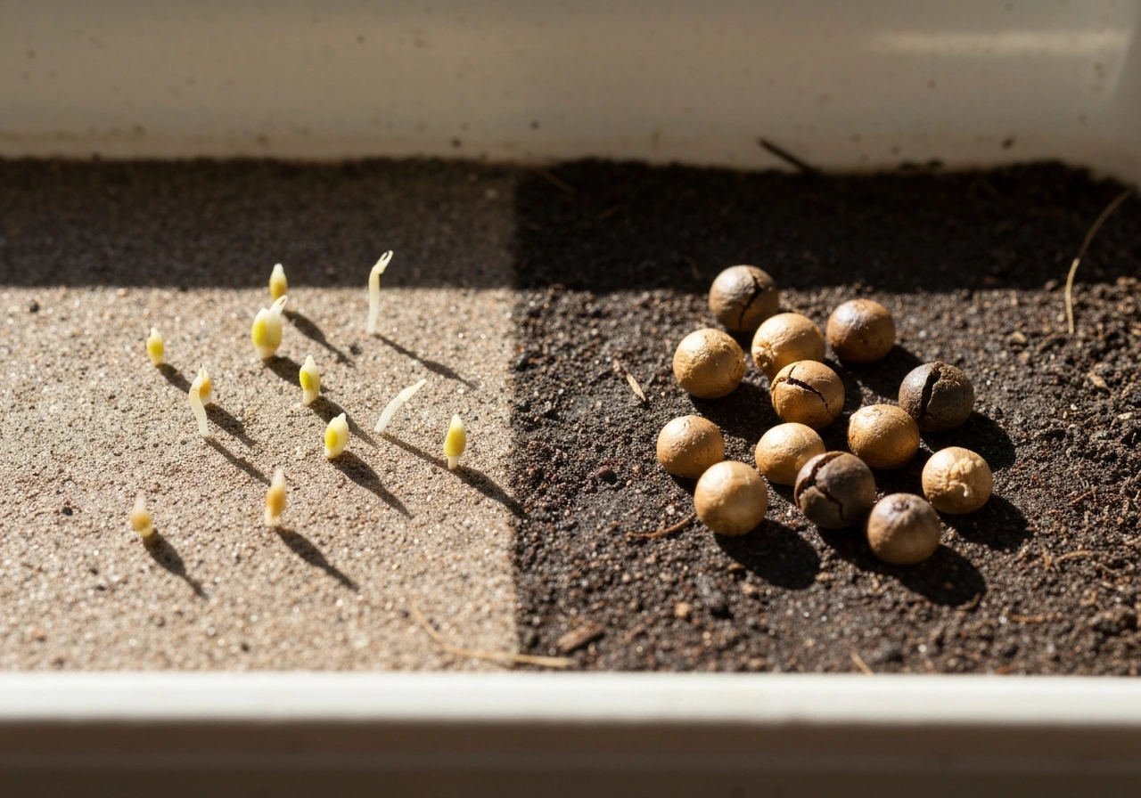 Close-up of safflower seeds in a damp, warm soil-like tray with a few sprouting and some stalled