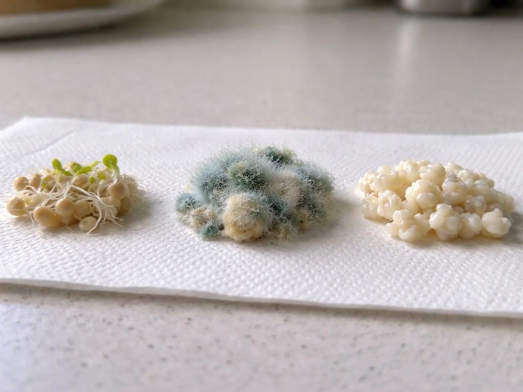 Three close-up samples on a white paper towel: sprout-like shoots, fuzzy mold, and compact clumps.