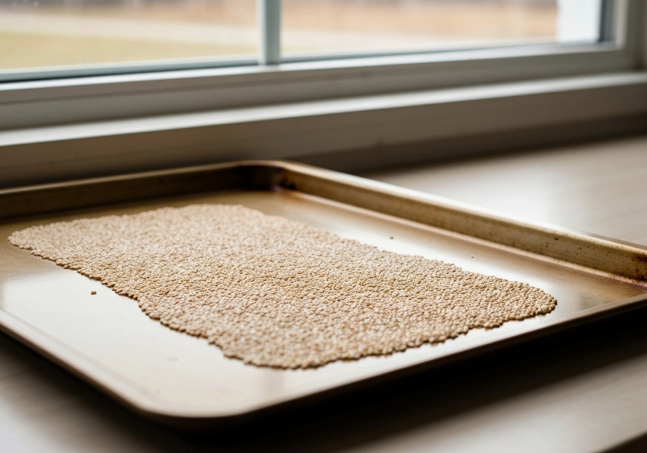 Warm window-lit baking sheet with a thin single layer of damp seeds drying, no sprouts or mold visible.