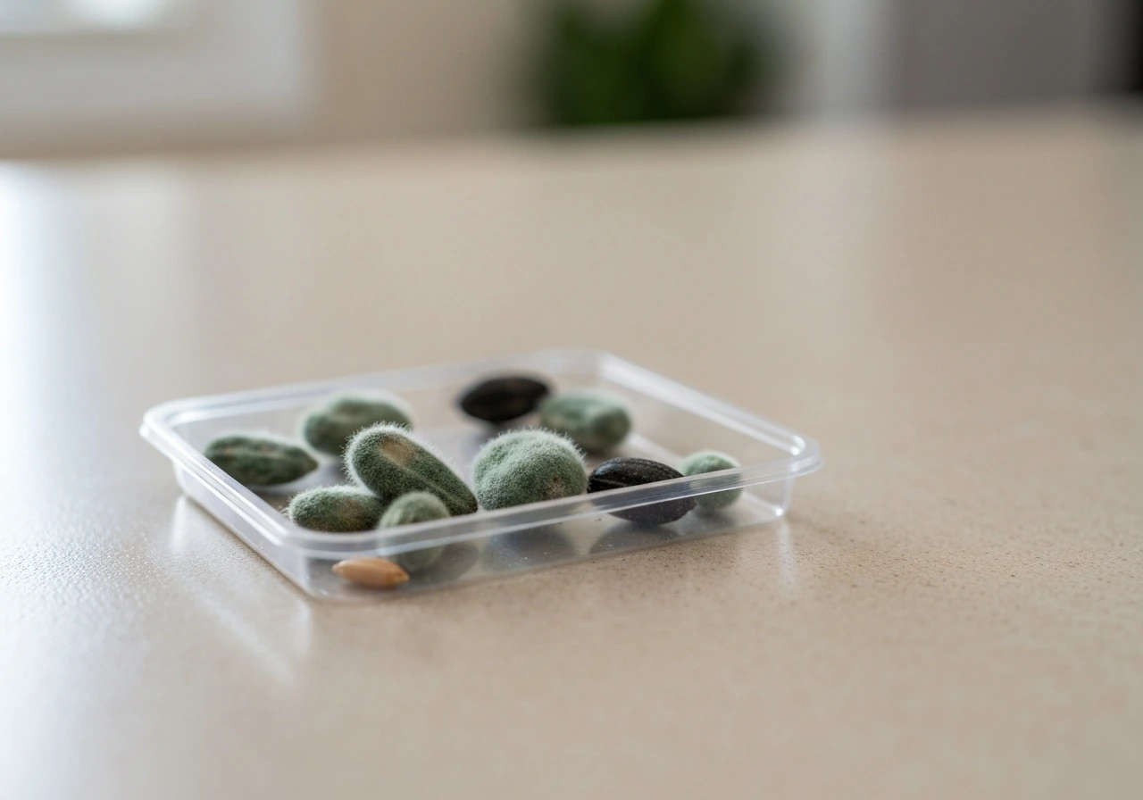 Unmistakably moldy bird seed in a small clear tray on a kitchen counter, fuzzy growth visible.