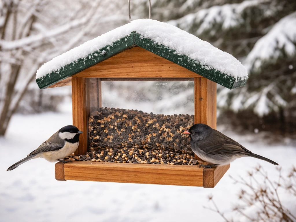 Two small winter birds feed at a backyard feeder while snow and ice cover the background.