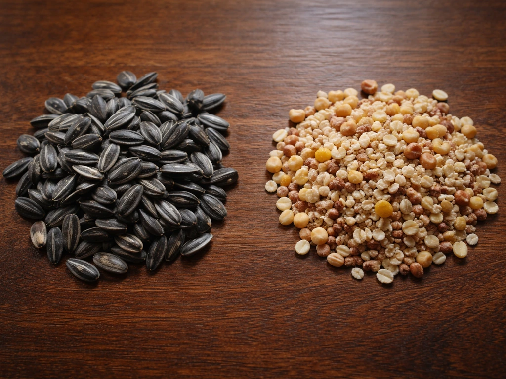 Close-up of black-oil sunflower seeds beside a coarse mix of milo, wheat, and oats showing texture differences