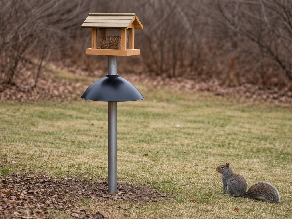 A squirrel pauses near a bird feeder mounted on a smooth pole with a squirrel baffle below.