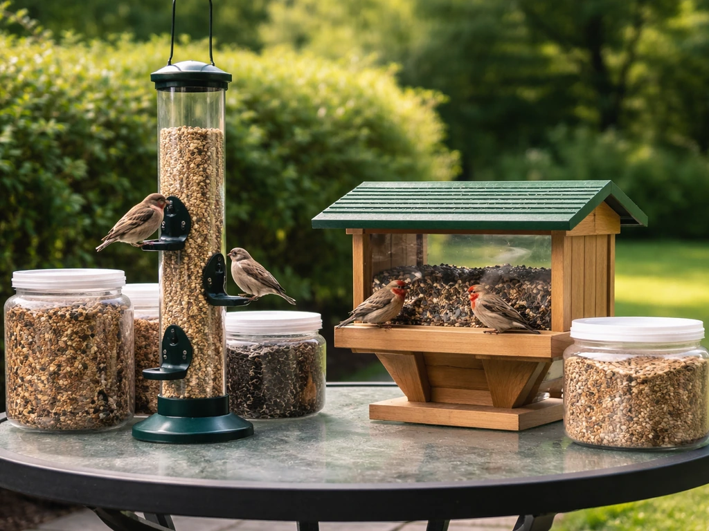 Wild birds eating from a clean tube feeder in a backyard, with sealed bird seed containers nearby.