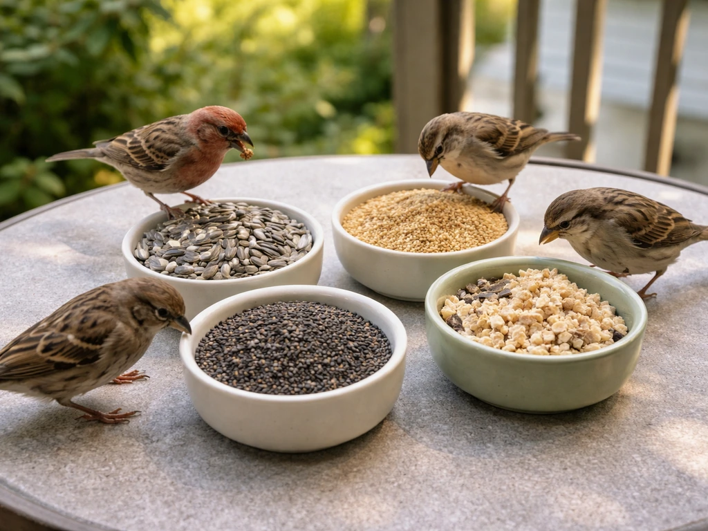 Assorted bird seed blends in bowls on a table with a few small birds feeding nearby.