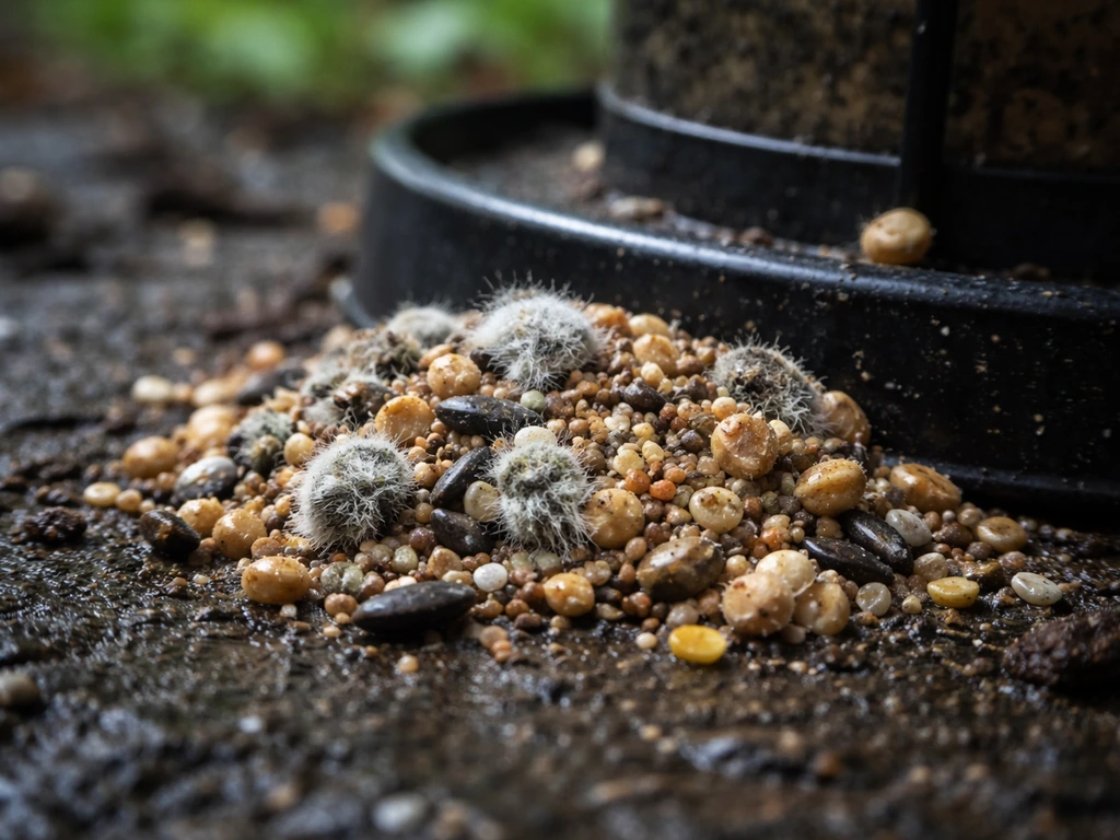 Close-up of damp, clumped bird seed with fuzzy mold near a feeder base, showing a wet-seed hazard.