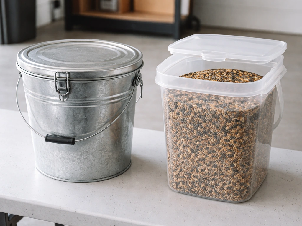 Metal and plastic containers with tight lids hold dry bird seed in a clean garage storage area.
