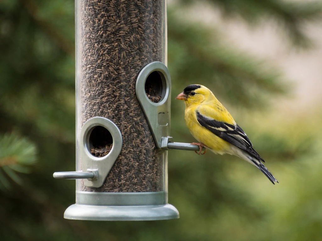 Close-up of a small-port nyjer tube feeder with a finch feeding at the ports