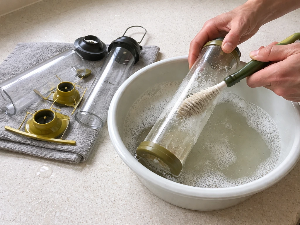 Hands scrubbing a bird feeder with a brush and hot soapy water; parts disassembled on a clean counter.