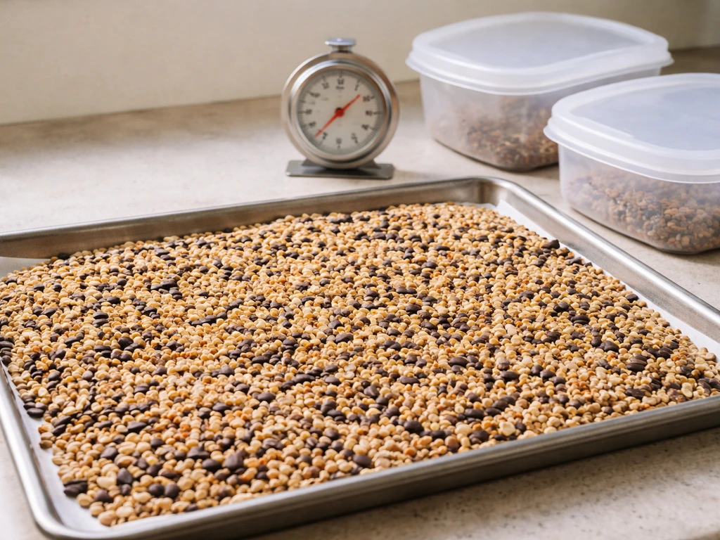 Wild bird seed spread on a tray beside oven thermometer and clean storage containers on a kitchen counter.