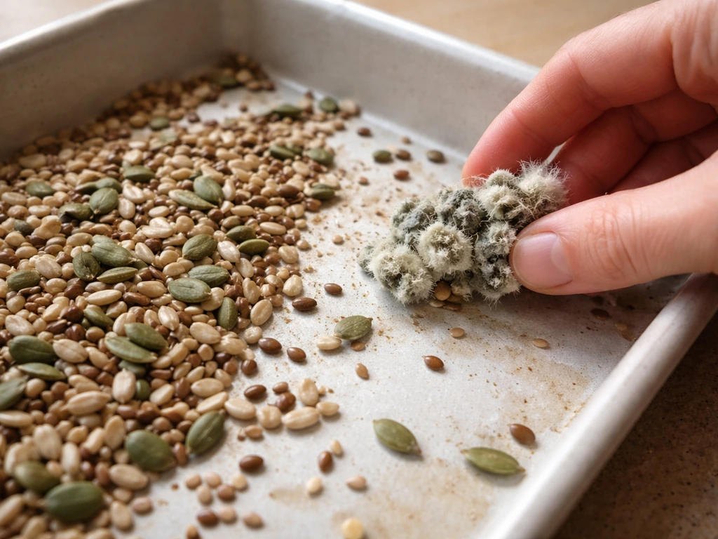Close-up of seeds on a light tray showing fuzzy moldy clumps being removed.