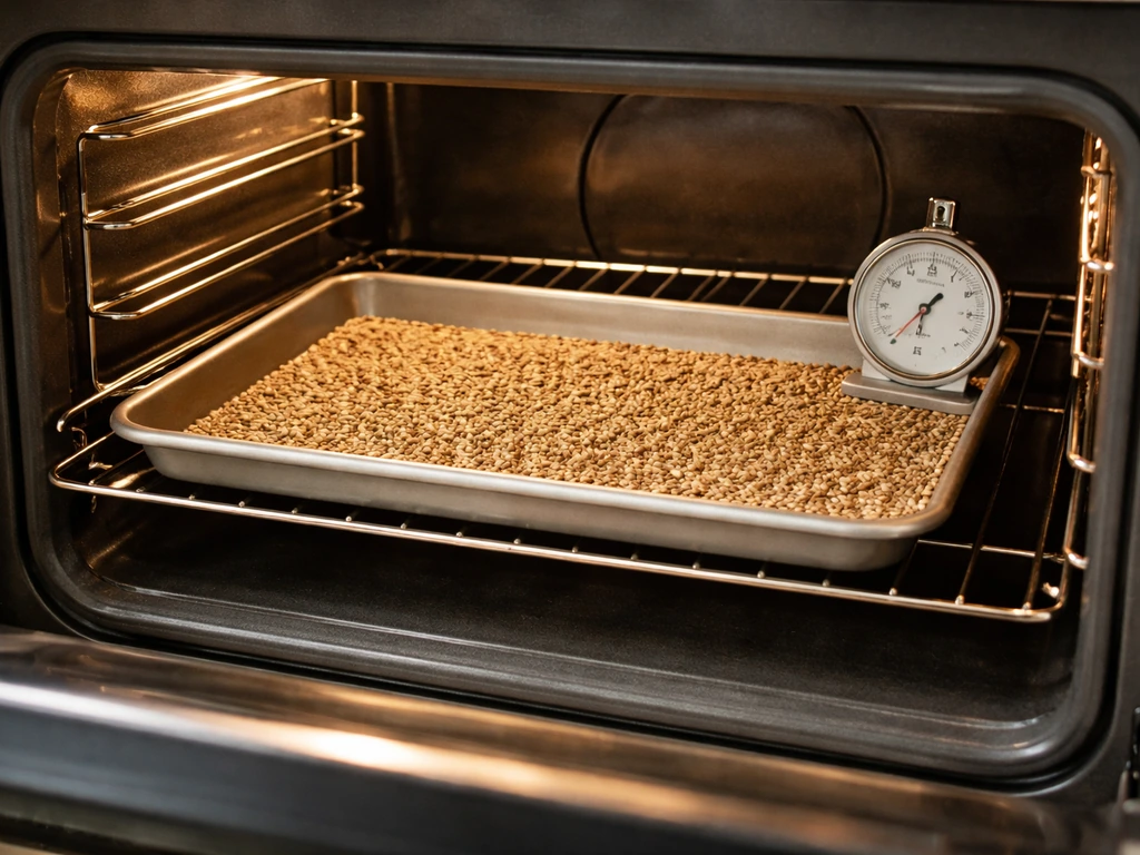 Oven door ajar with a sheet pan of seeds in a single layer and an oven thermometer showing temperature