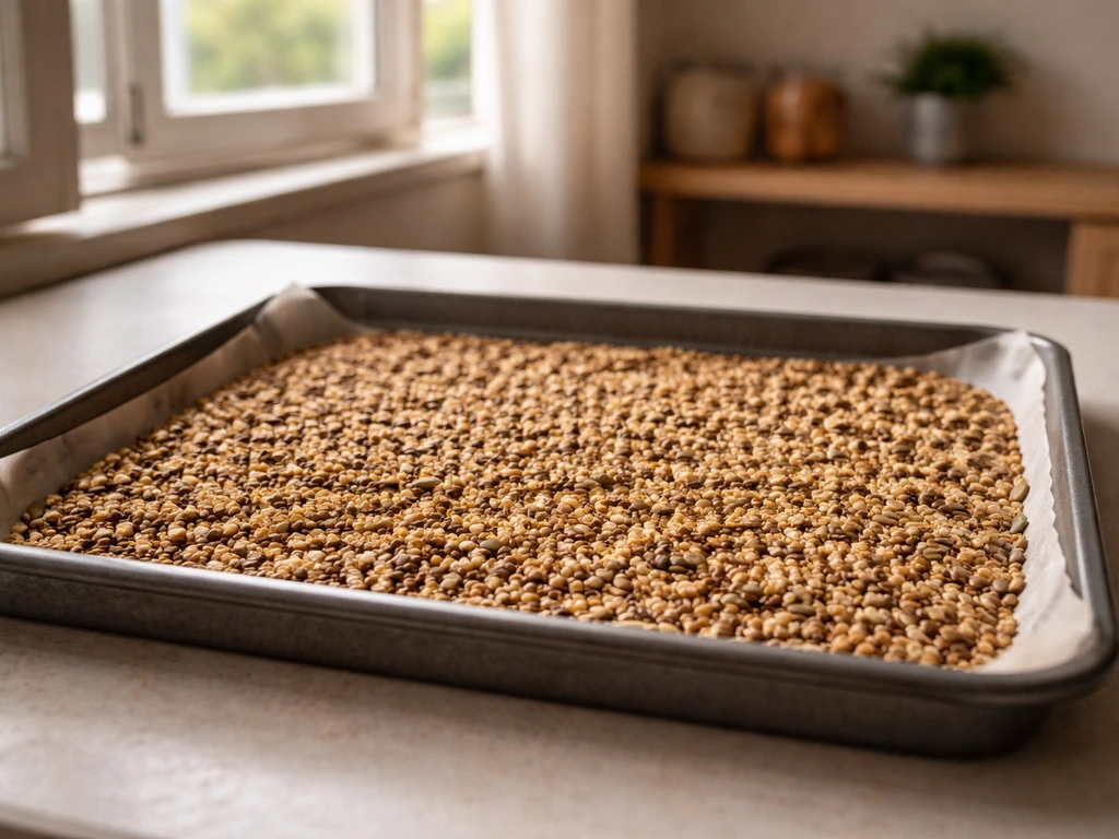 Spread seeds on a baking tray cooling on a table in a bright, dry room