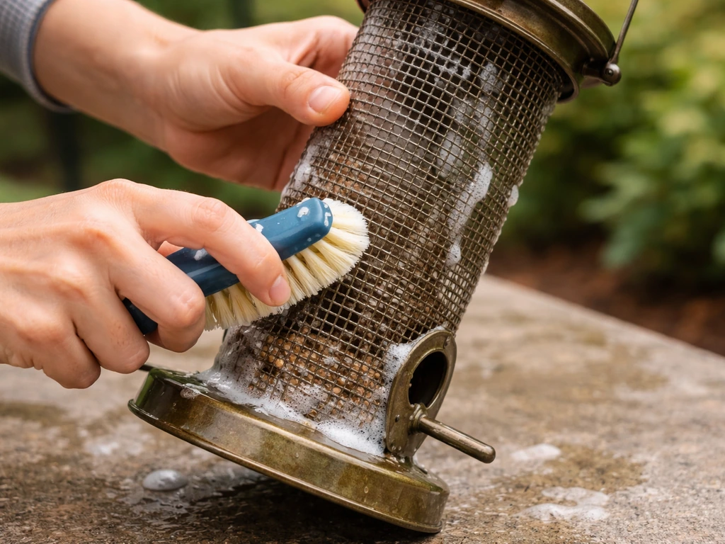 Emptied bird feeder being scrubbed with soapy water, focusing on mesh and crevices.
