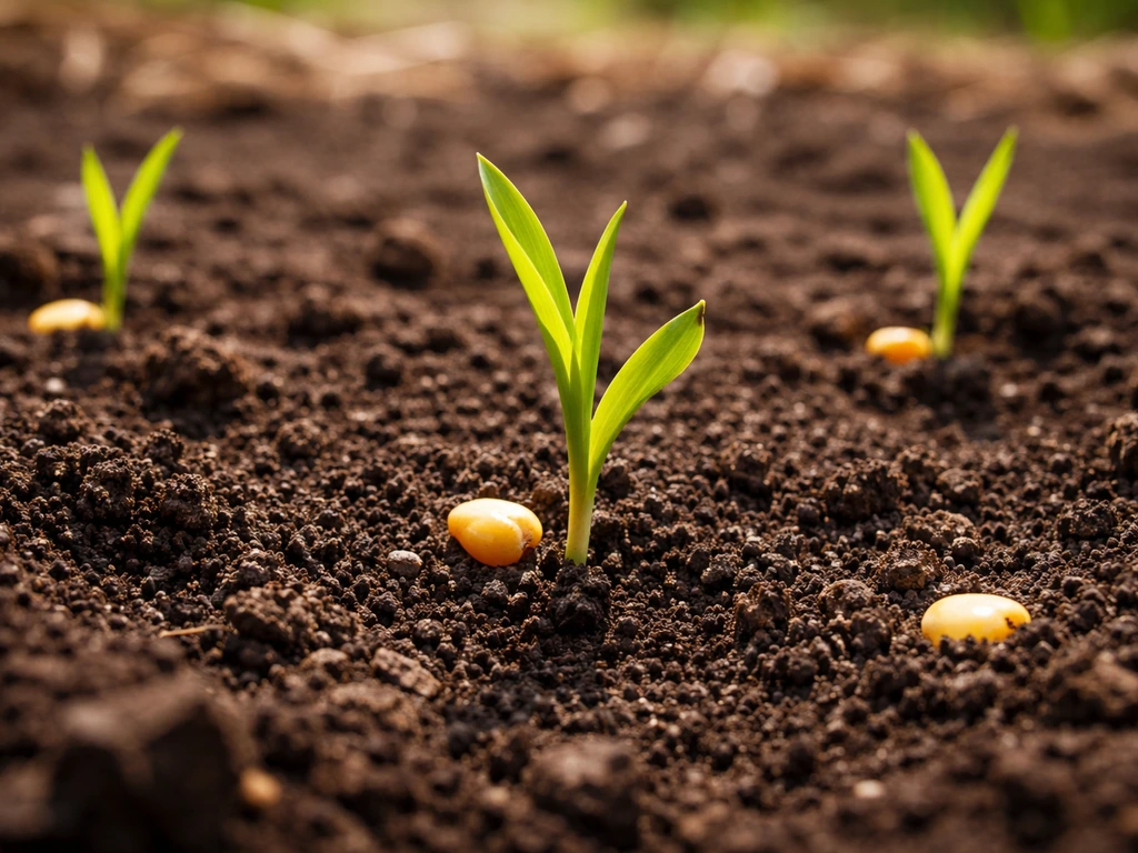 Corn seedlings emerging from planted kernels in dark garden soil in bright natural light.