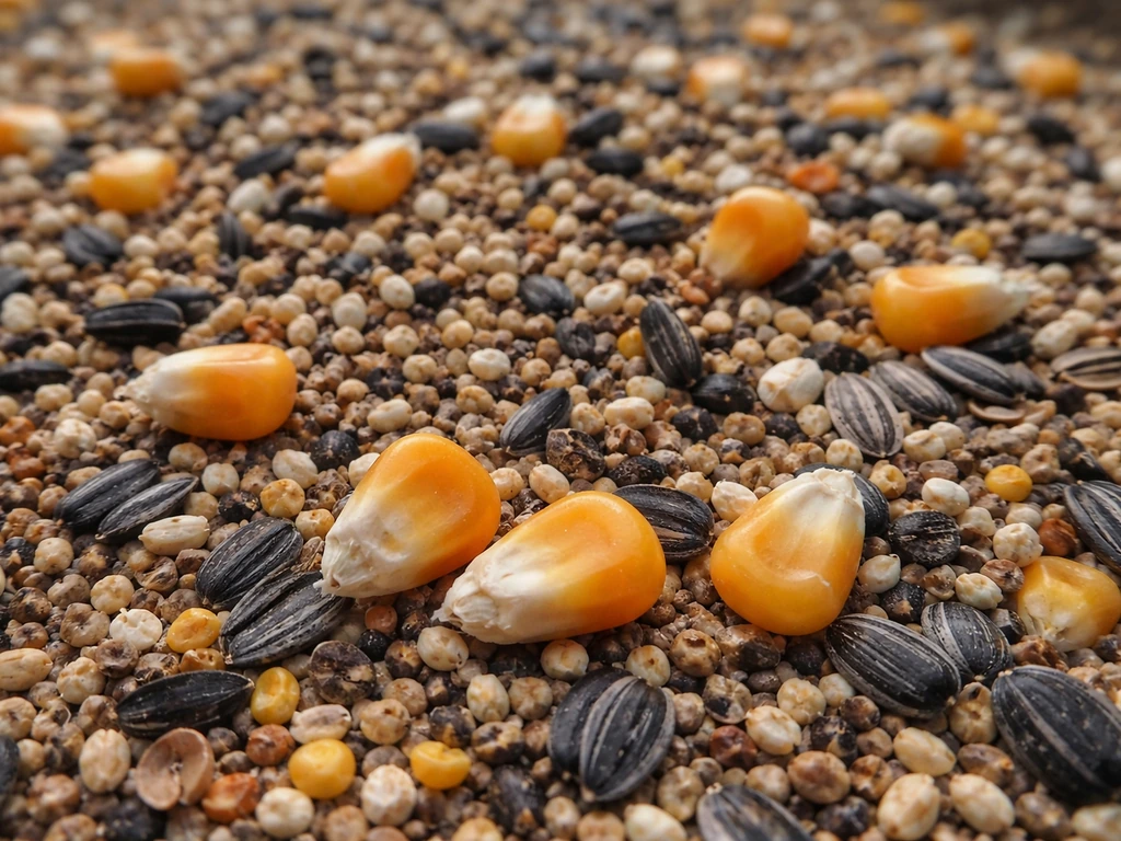 Closeup of field-corn kernels mixed in bird seed, with a few kernels clearly visible.