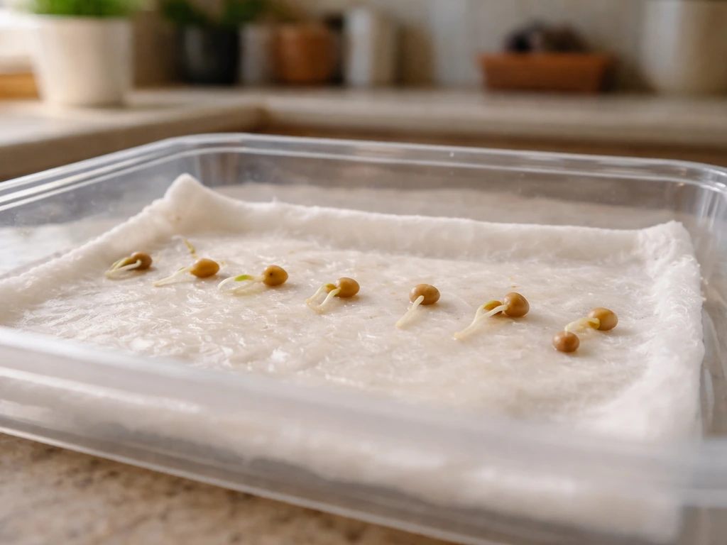 Close-up of seed kernels on a damp paper towel with a few visible sprouts in a simple tray