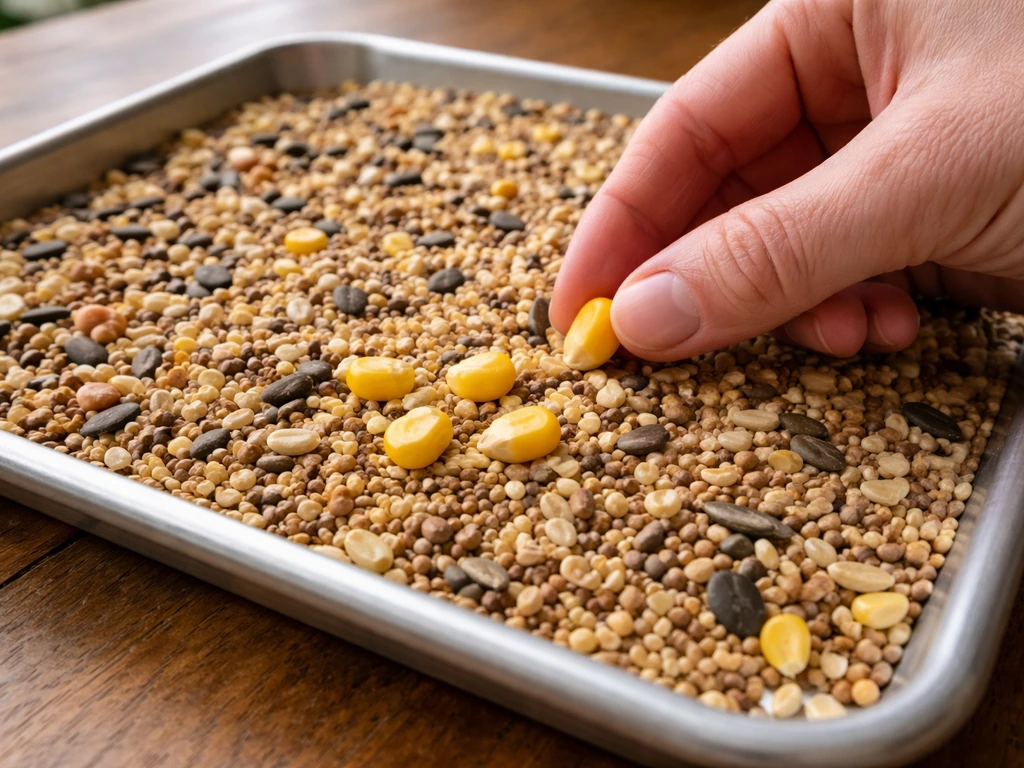 Hand picking whole corn kernels from a mixed seed pile on a metal tray.