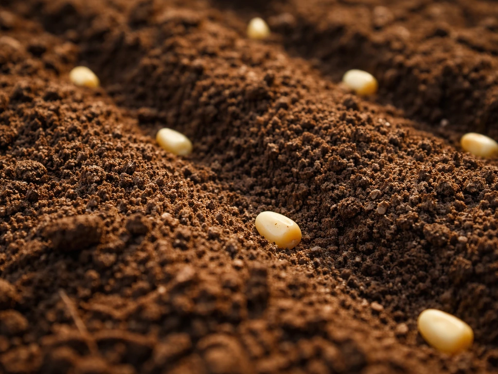 Close-up of warm soil bed with a few kernels planted 1 to 1.5 inches deep and spaced 8 to 12 inches apart.