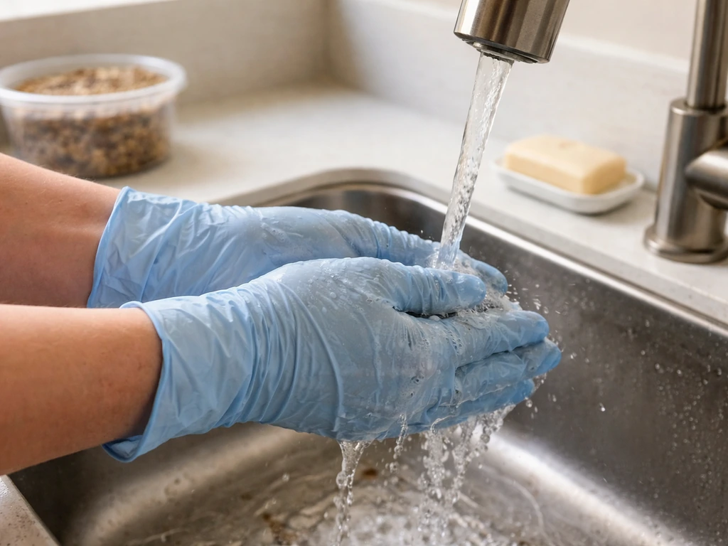 Person washing hands at a sink with clean gloves nearby, emphasizing hygiene after handling bird seed.