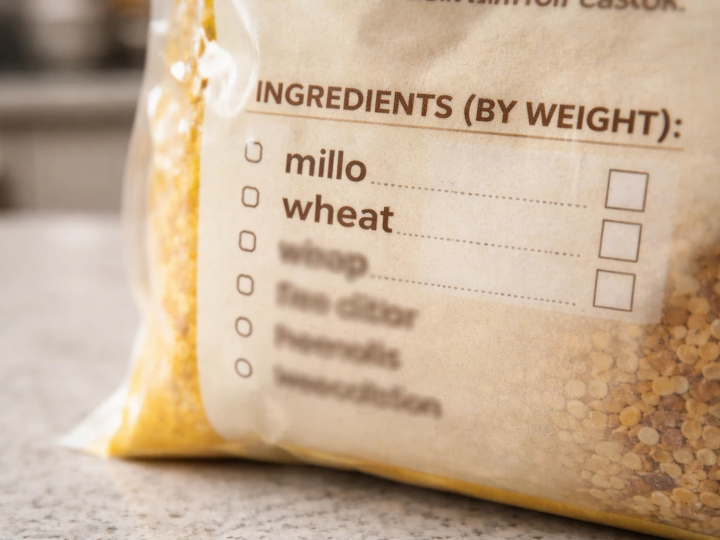 Close-up of bird seed bag ingredient list with milo and wheat visible, with a subtle non-text overlay guide.