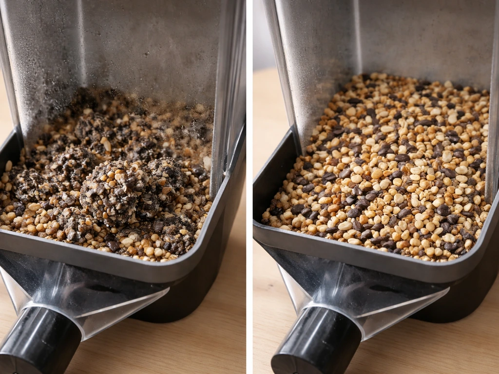 Split close-up of damp, clumped seed in a feeder on the left and dry, loose seed on the right.