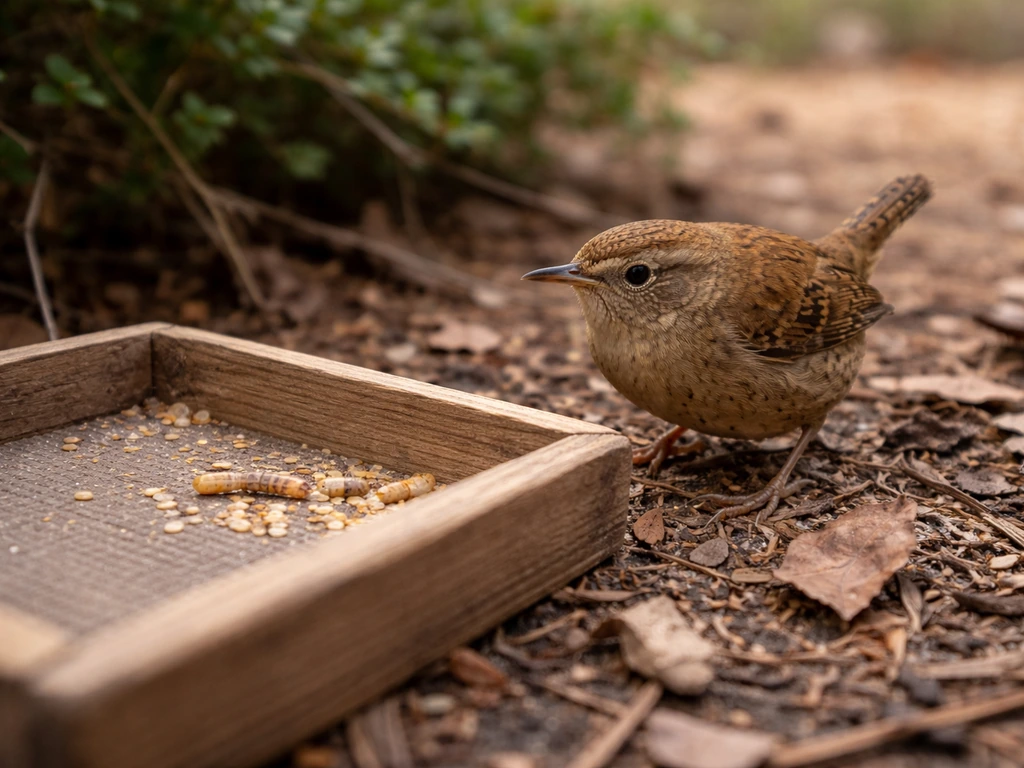 Brown wren foraging on leaf litter beside a shallow tray with bird seed and mealworms.