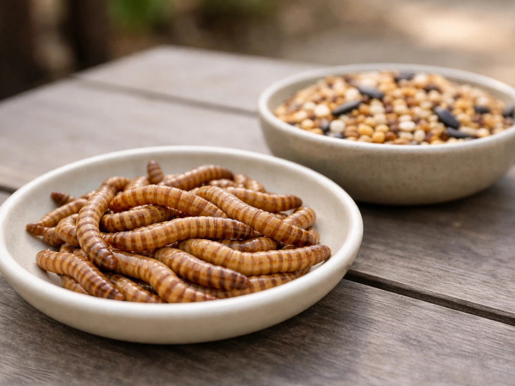 Close-up of a small plate with live mealworms and a separate bowl of mixed bird seed beside it.