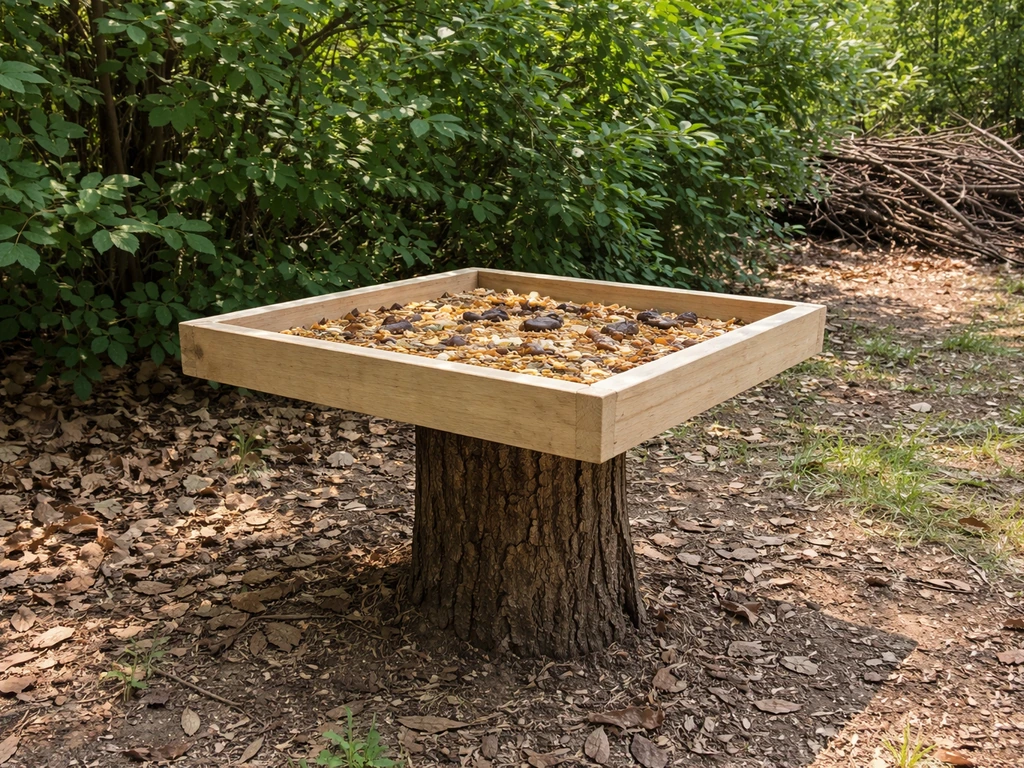 Low open tray feeder on a stump near dense shrubs and a brush pile.
