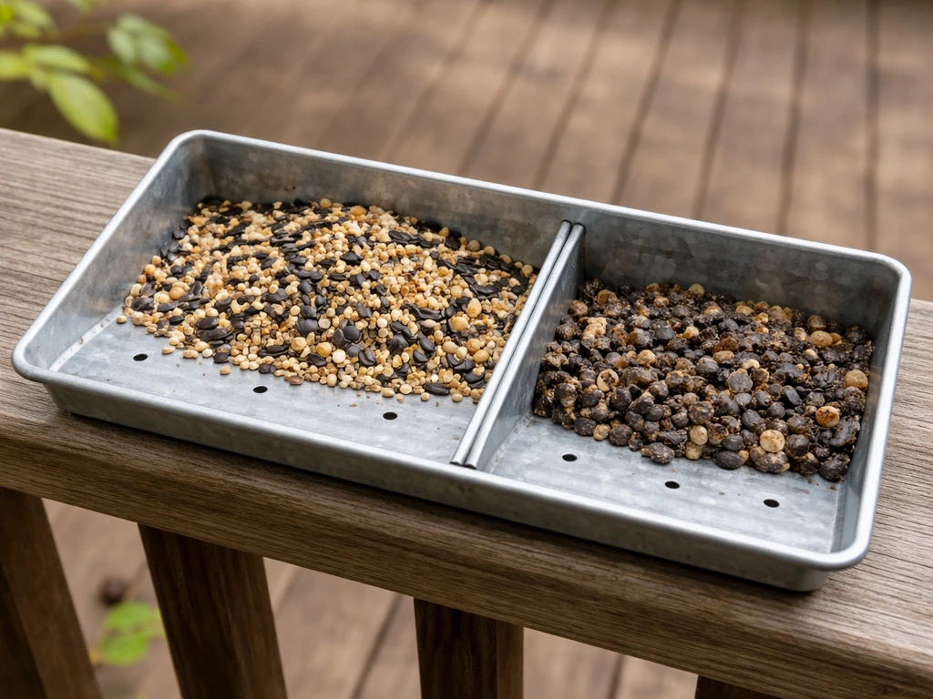 Close-up of a sloped bird seed tray with drainage, showing dry seed versus a contained damp/moldy section.