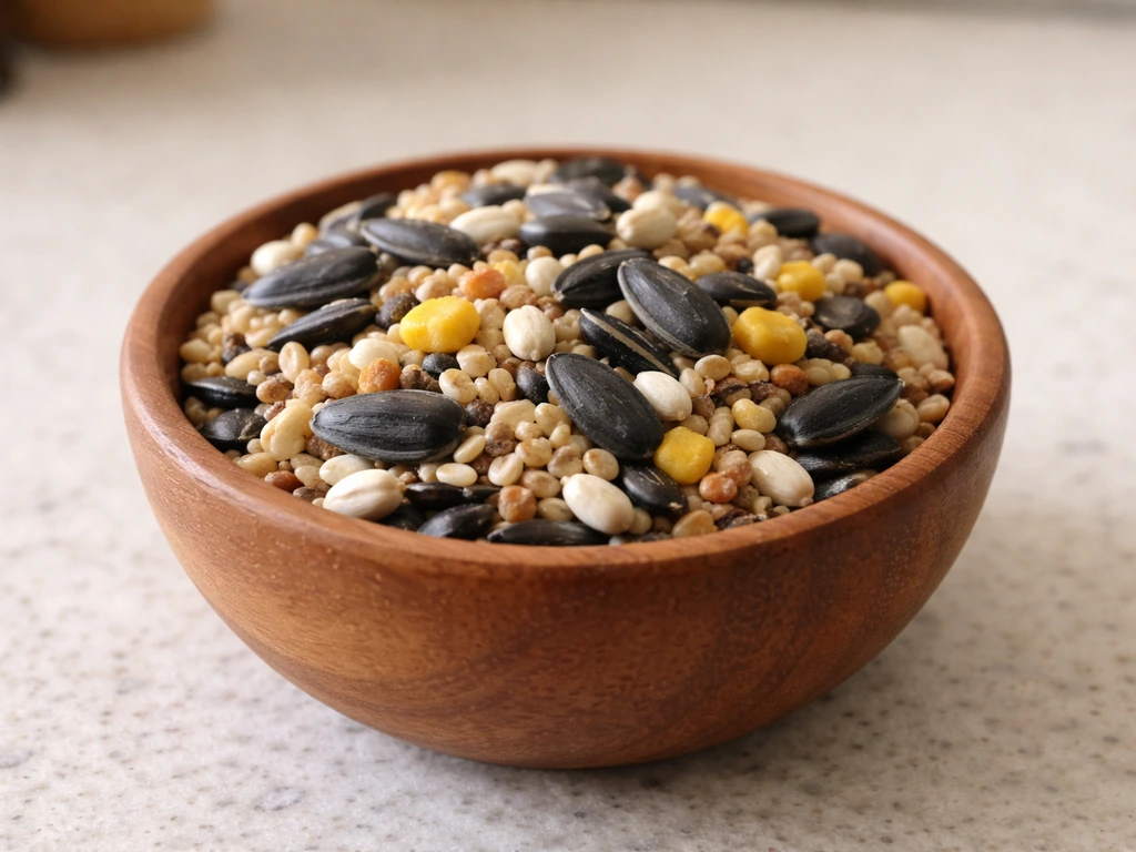 A wooden bowl filled with mixed wild bird seed grains and seeds on a simple countertop.