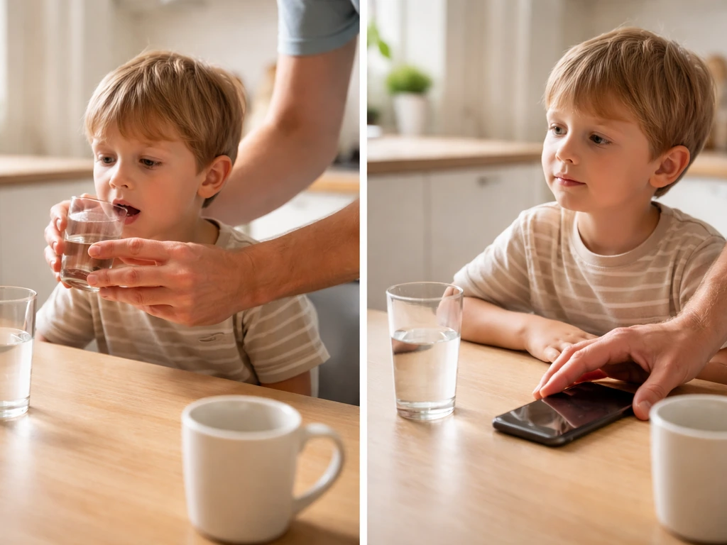 Adult helps child rinse mouth with water, with a phone nearby for calling Poison Control.