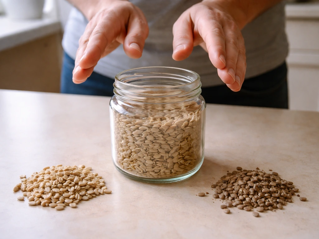 Hands sniff dry seeds from a jar, with clean seeds beside darker clumped, moldy-looking ones.